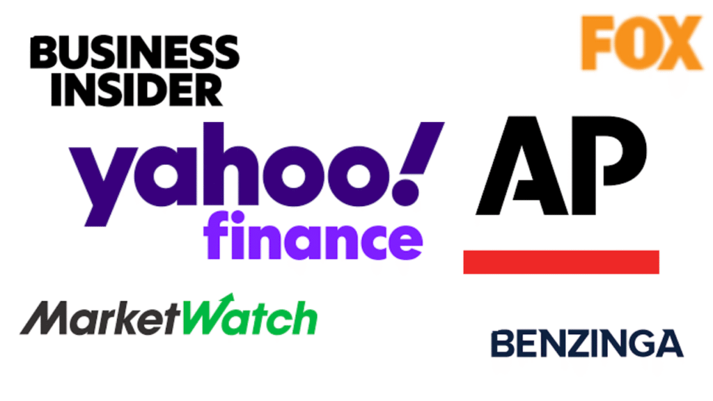 Logos of media outlets in Creative Linker’s $299 Advanced Package for press release distribution, including Yahoo Finance, MarketWatch, AP News, Fox, Business Insider, and Benzinga.