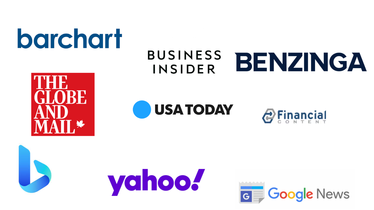 Logos of Tier-1 media distribution partners for the Advanced Package, including Business Insider, USA Today, Benzinga, Barchart, The Globe and Mail, Financial Content, Bing, Yahoo!, and Google News.