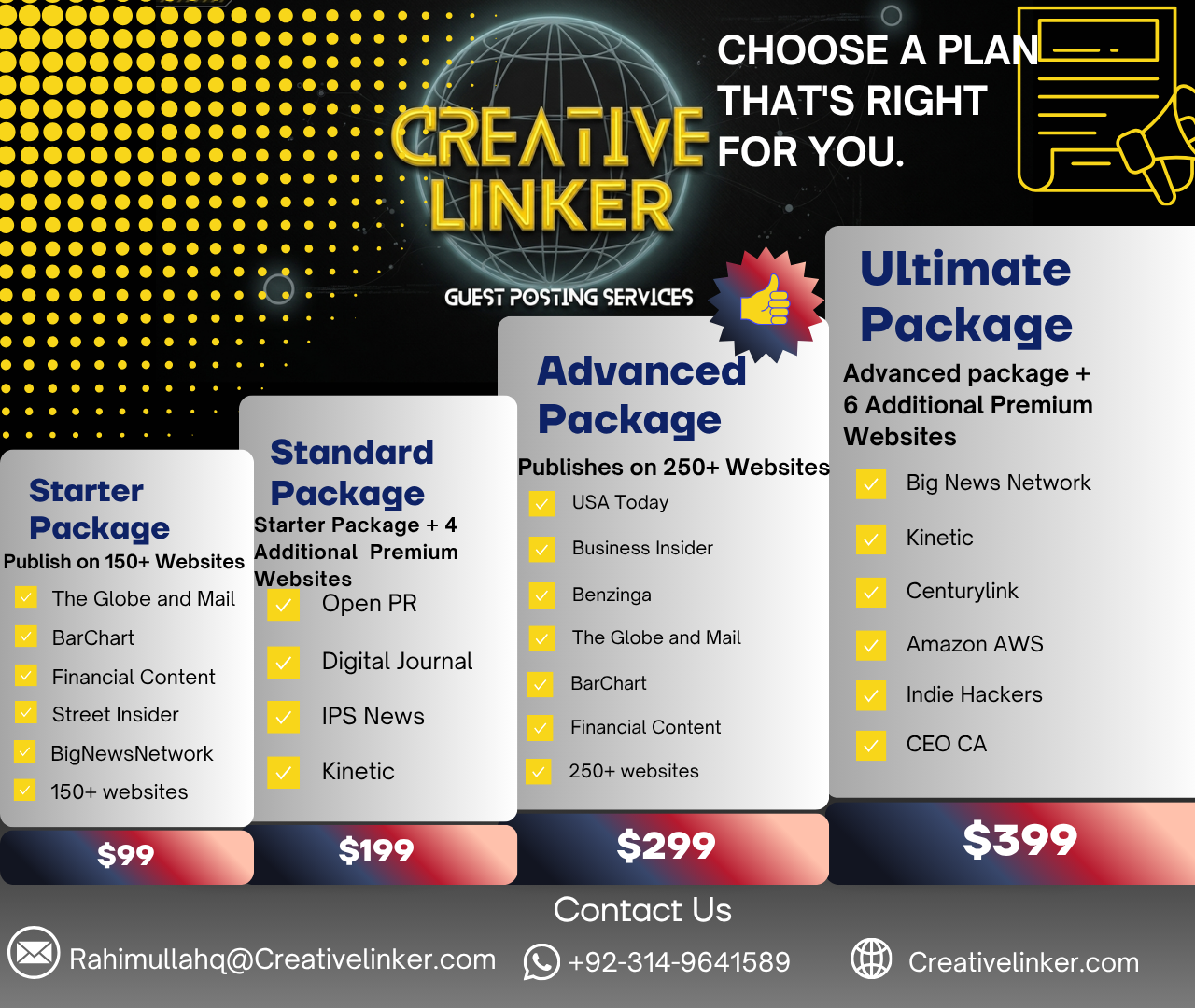 Pricing table for Creative Linker guest posting services showing Starter, Standard, Advanced, and Ultimate packages with premium media distribution.