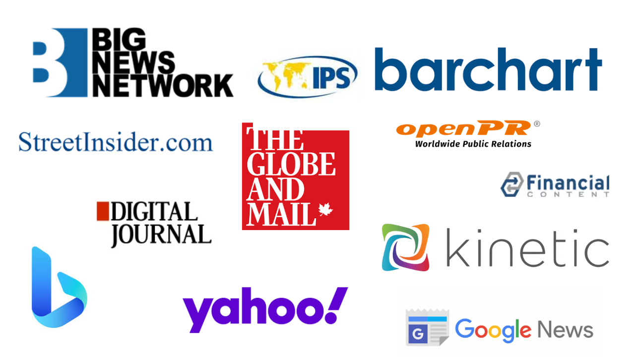 Logos of media distribution partners for the Standard Package, including Big News Network, IPS, Barchart, StreetInsider.com, Digital Journal, The Globe and Mail, OpenPR, Financial Content, Bing, Yahoo!, Kinetic, and Google News.