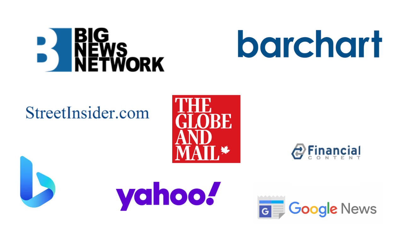 Logos of media distribution partners for the Starter Package, including Big News Network, Barchart, StreetInsider.com, The Globe and Mail, Financial Content, Bing, Yahoo!, and Google News.