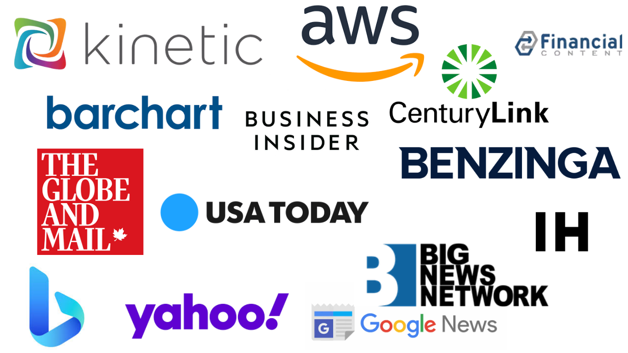 Logos of elite and executive media partners for the Ultimate Package, including Amazon AWS, CenturyLink, Business Insider, USA Today, Benzinga, Indie Hackers, Kinetic, Barchart, The Globe and Mail, Financial Content, Big News Network, Bing, Yahoo!, and Google News.