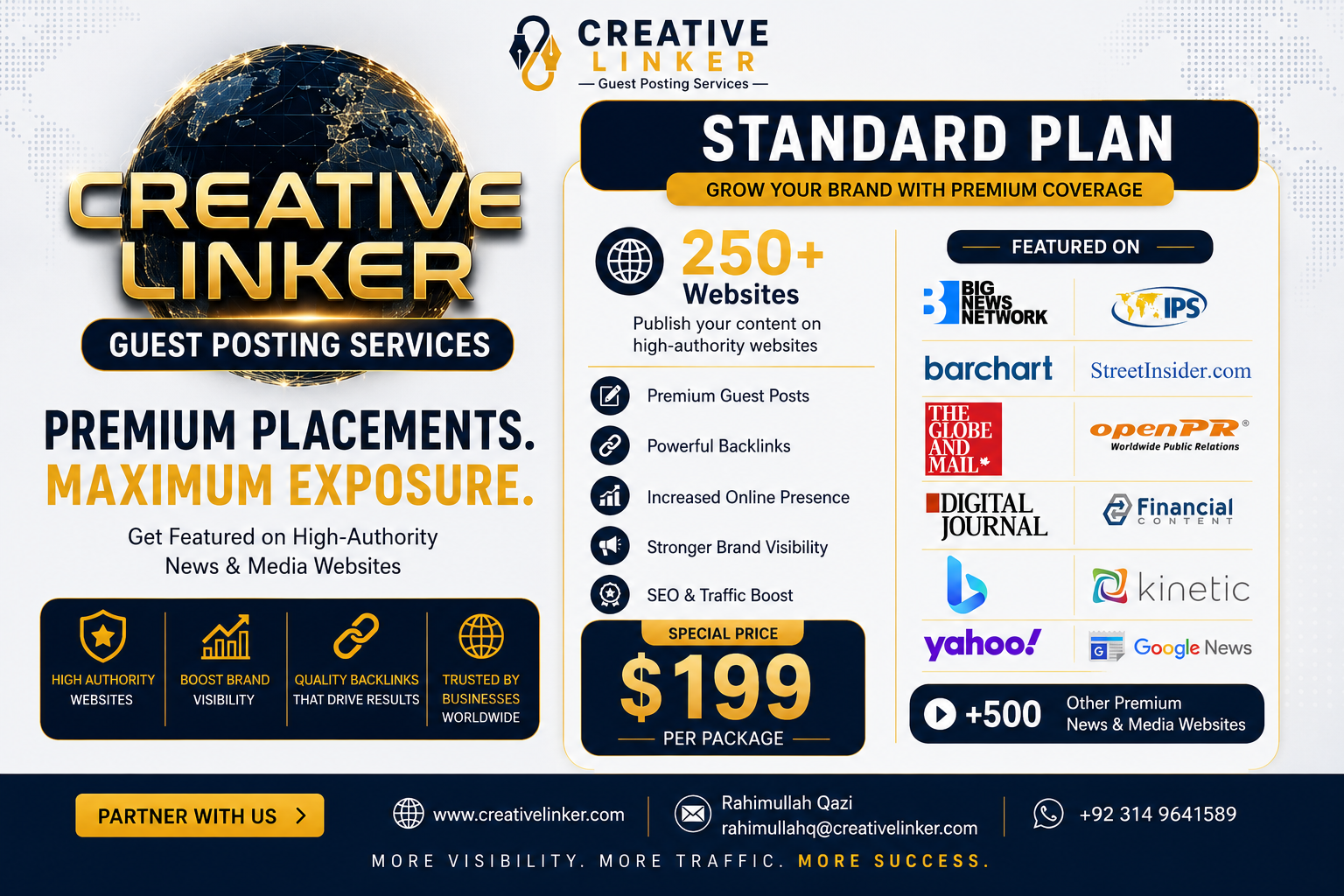 Creative Linker Standard Plan infographic promoting premium guest posting services for $199 with publication opportunities on Big News Network, IPS News, Barchart, Street Insider, OpenPR, Digital Journal, The Globe and Mail, Financial Content, Kinetic, Bing News, Yahoo, Google News, and 500+ additional premium websites.