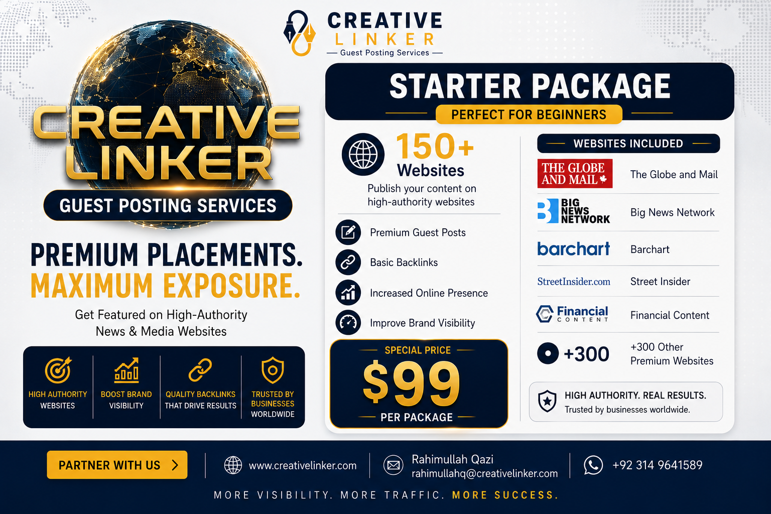 Creative Linker Starter Package infographic showcasing premium guest posting services for $99, featuring placements on The Globe and Mail, Big News Network, Barchart, Street Insider, Financial Content, and 300+ additional high-authority websites.