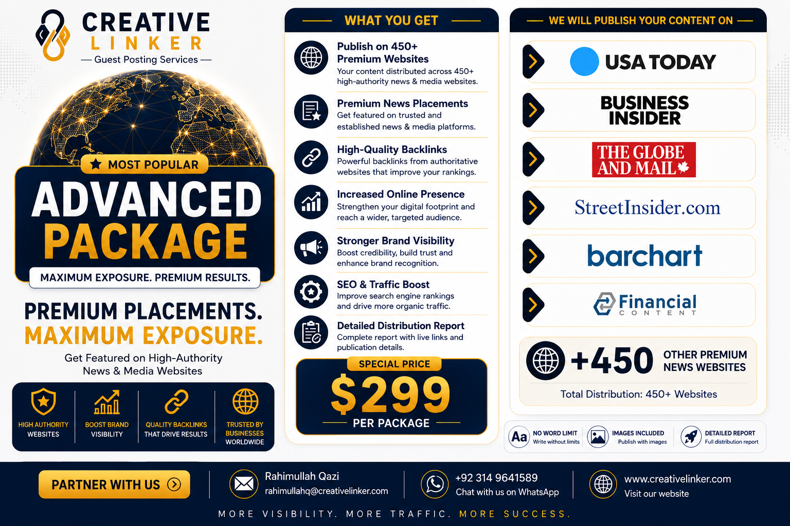 Creative Linker Advanced Package for $299 featuring press release distribution across 450+ premium news and media websites, including USA Today, Business Insider, The Globe and Mail, Street Insider, Barchart, and Financial Content.