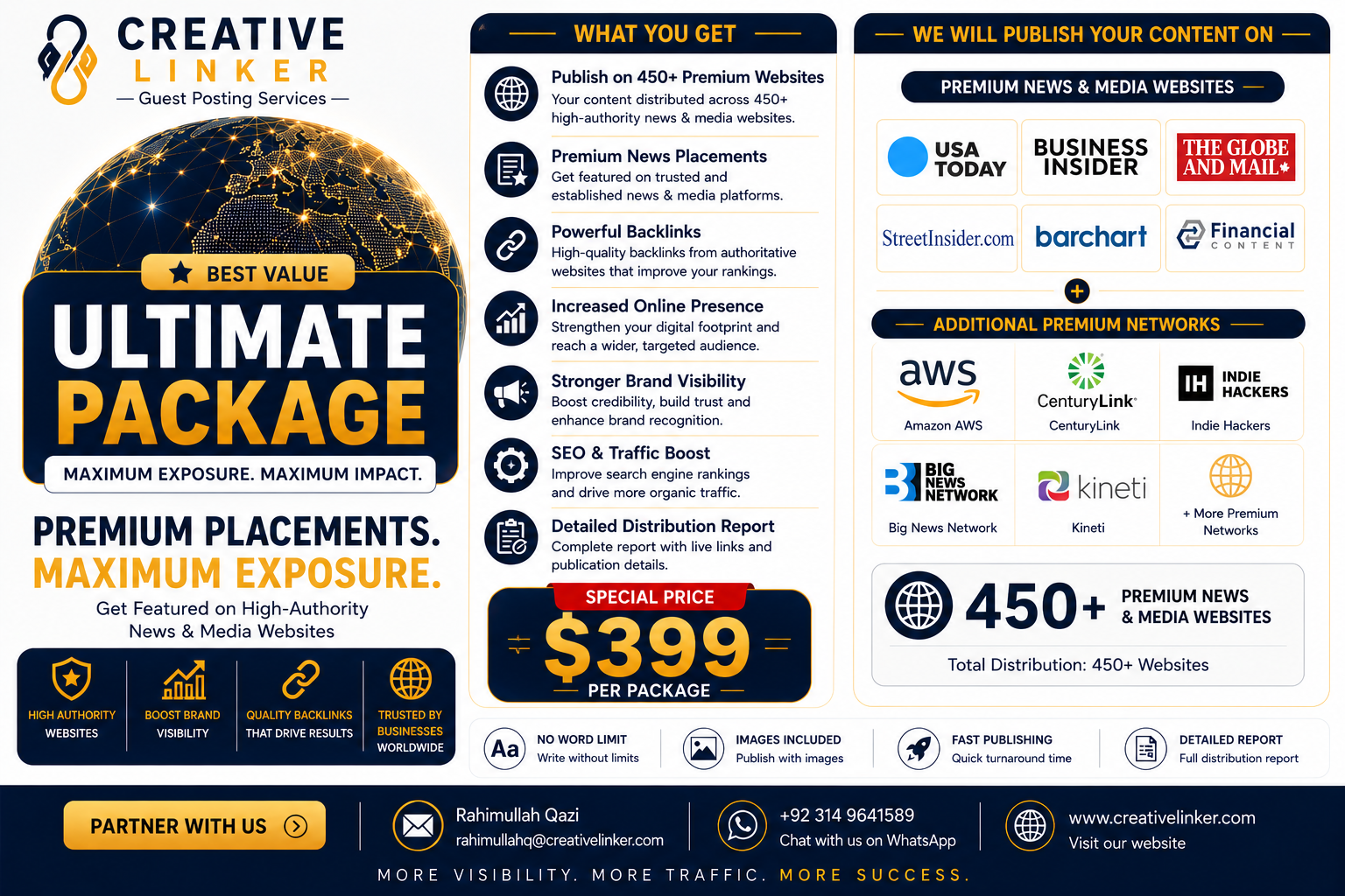 Creative Linker Ultimate Package infographic promoting premium press release distribution for $399 with publication on 450+ news and media websites, premium news placements, Amazon AWS Network, CenturyLink, Indie Hackers, Big News Network, Kinetic, high-authority backlinks, SEO benefits, and detailed reporting.